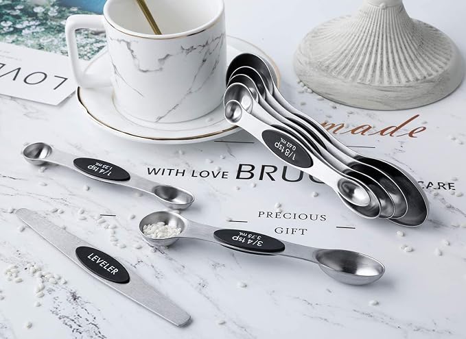 Magnetic Measuring Spoons Set Stainless Steel Stackable Measuring Spoons | Dual Sided Nesting Teaspoons Tablespoons Set of 8 for Measuring Dry and Liquid Ingredients