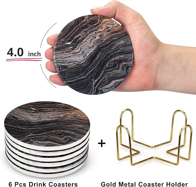 6 Pcs Black Ceramic Stone Modern Coasters with Holder Best Absorbent Drink Coasters Round Ceramic Table Coasters Set Best Coffee Table Ceramic Coaster Set