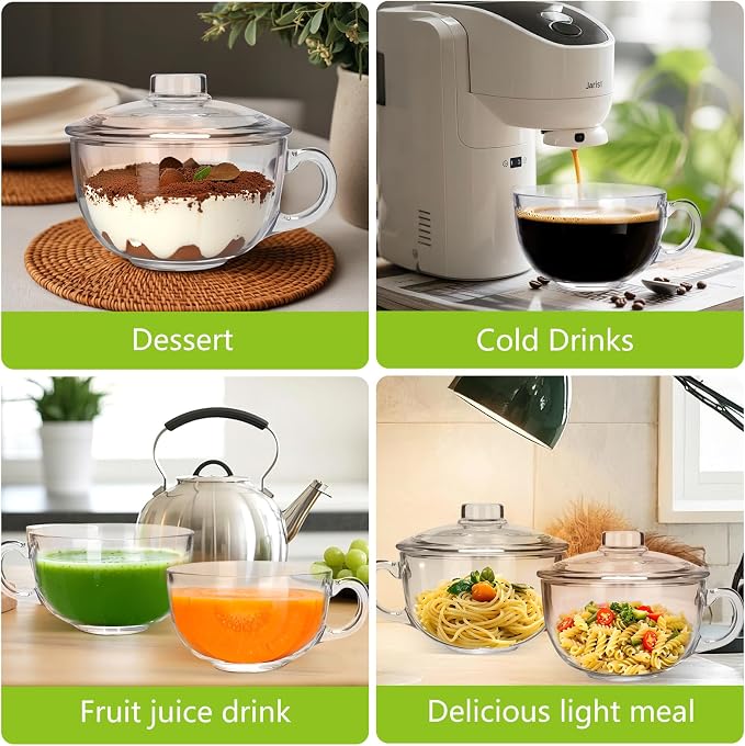 Clear Soup Bowls with Handle and Glass Lid Microwave Round Bowls Glass Cereal Cup Mug Mixing Bowl Insulated Oatmeal Bowl for Breakfast Rice Salad Fruit Yogurt,1 Pack