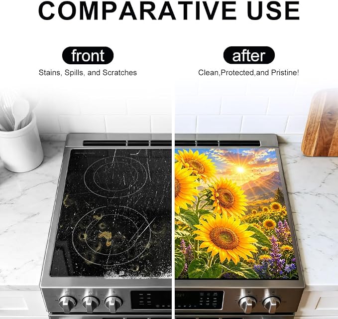 Sunflower Butterfly Stove Top Cover for Electric Stove, 28x20 In | Heat-resistant non-slip mat holds hot cookware; glass cooktop protector, dish drying, ironing pad; farmhouse kitchen decor