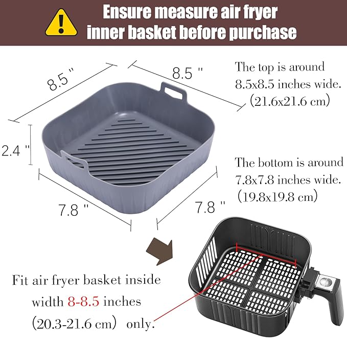 Golden Associate Silicone Liners Square for 8 to 8.5 inch Air Fryer, 2 Pcs Non-stick Food-grade Reusable Basket Baking Tray Airfryer Accessories
