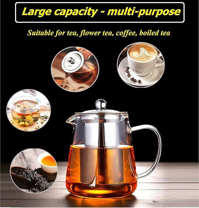 Mini Size Glass Teapot Tea Kettle-with Stainless Steel Removable Infuser for Blooming Tea & Loose Leaf Tea, Microwave & Stovetop Safe, 950ML/32oz (L-950)