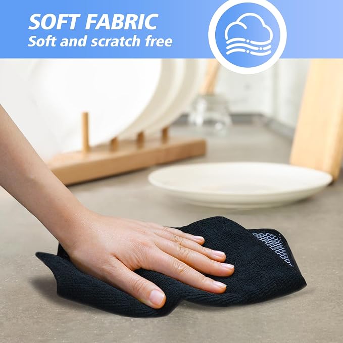Dish Cloths for Washing Dishes with Scrub Side, Microfiber Dish Rags | Dual-sided microfiber dish cloths with scrubber for stuck-on food, quick dry kitchen washcloths 9 Pack, 9" x 9 Inch Black