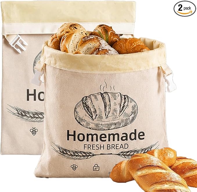 Beeswax Bread Bags for Sourdough (2 Pack), Reusable XL 17 x 12.6 Inch Organic Cotton Food Storage Bag, Freezer Safe Natural Beeswax Lined Bread Bags for Homemade Bread, Kitchen Food Storage (2)