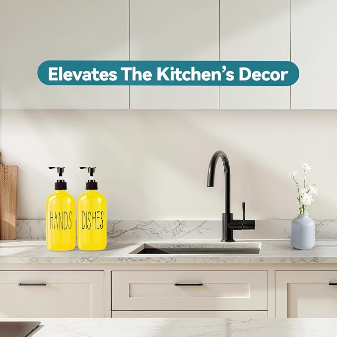 COHOSEGE Glass Soap Dispenser Set 2 Pack,16 Oz Dish Soap Dispenser for Kitchen Sink,Lemon Kitchen Decor and Accessories,Yellow Decorations and Kitchen Utensils for Kitchen