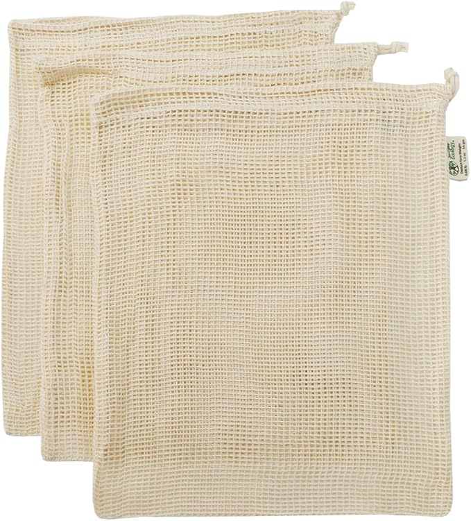 Reusable Produce Shopping and Storage Bags, Drawstring, Washable Organic Cotton Mesh, Large 3 pack