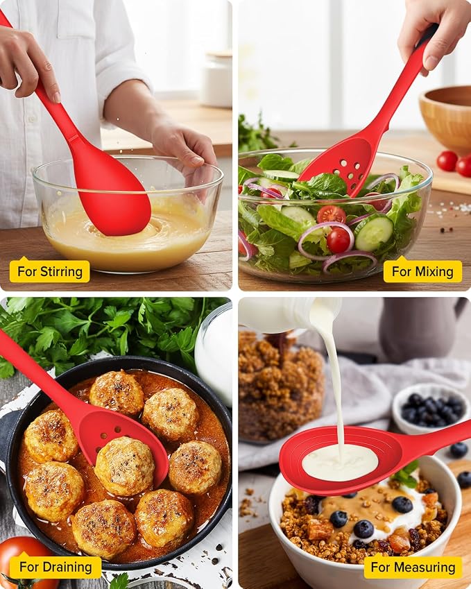 Pack of 2 Silicone Cooking Spoons, Non Stick Solid Kitchen Spoon with Measuring Marks & Back Hooks, Heat Resistant Silicone Slotted Spoon for Cooking, Mixing, Stirring,Serving (RED)