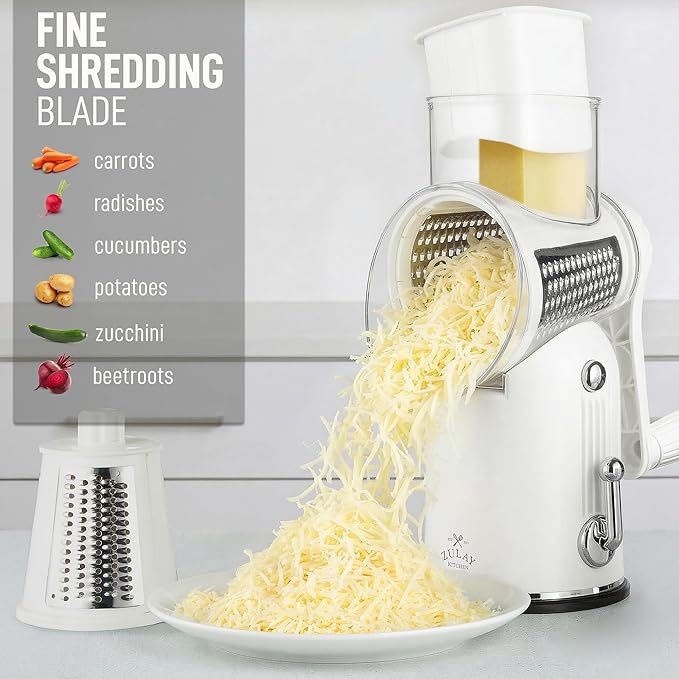Zulay Kitchen Rotary Cheese Grater 5 Blade Cheese Shredder - Manual Hand Crank Cheese Grater With Reinforced Suction & 5 Interchangeable Drums - Easy to Use, Vegetable Chopper Round Mandoline Slicer