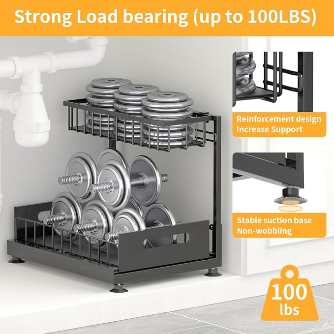 L-Shaped Under Sink Organizer, 2-Tier Pull-out Cabinet Rack 1-Pack | Black Height-Adjustable Steel Rack, Sliding Grid Drawers with PP Liners, Holds 100 Lbs, Suction Base, Ideal Kitchen Storage