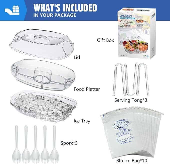 LIMOEASY Chilled Serving Tray, 15" Clear Plastic Party Platter with 4 Compartments, Ice Serving Bowl with Lid, Shrimp Cocktail Serving Dish, Cold Food Buffet Server for Fruit, Veggie, Appetizer, Sushi