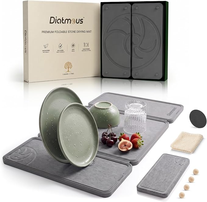 Large Stone Drying Mat for Kitchen Counter, Diatomaceous Earth Foldable Dish Drying Mat, Diatomite & Silicone Fast Water Absorbing Dry Pad, Thick Folding Drainer Mats for Dishes & Countertops