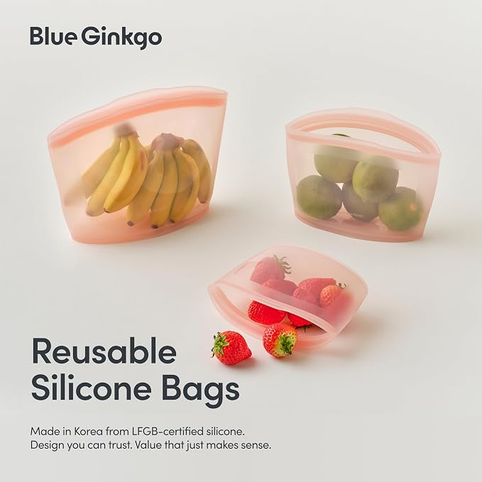 Blue Ginkgo Silicone Food Storage Bags, 3-Pack, Reusable, Made in Korea | Leakproof. Stand Up. Freezer and Dishwasher Safe. (Peach)