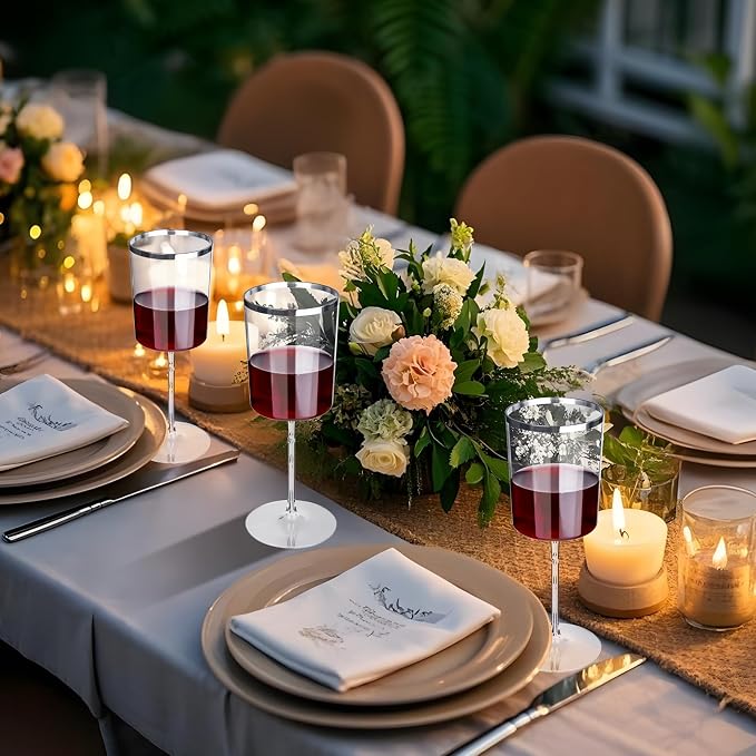 Ciaell 12 Pack Silver Plastic Wine Glasses for Weddings Outdoor Gatherings | 14 oz Silver Square Stemmed Cups, Heavy Duty Plastic, Wine Champagne Cocktails Mimosas for Parties Dinners