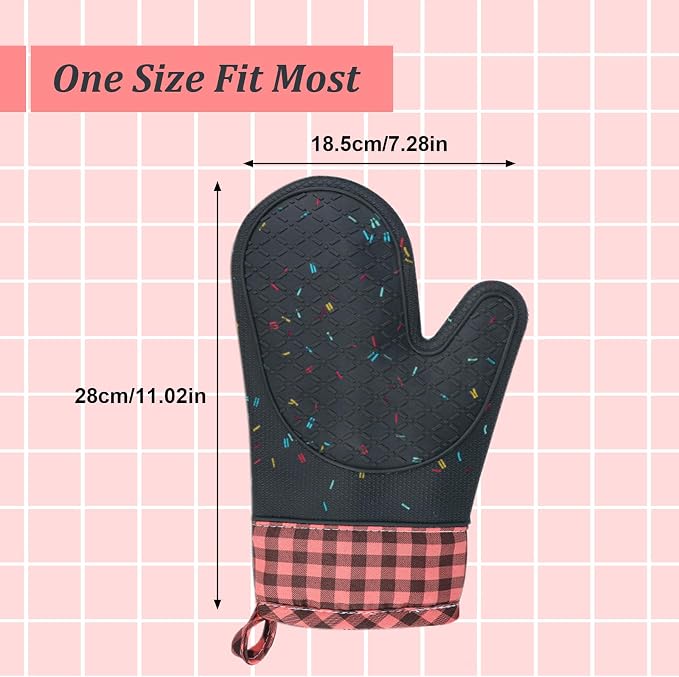 Wanheart Heat Resistant Silicone Oven Mitts, Pink Cooking Gloves, 2 Pack | Heat Resistant, Non Slip Grip, Cute Pink Design, Easy Clean, Cotton Lined