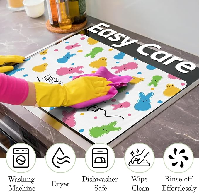 Happy Easter Glass Stove Top Covers for Electric Stove,Spring Rabbit Bunny Chick Polka Dots Heat Resistant Cooktop Protector Non-Slip Washable Dish Drying Mat Rug Pad for Kitchen Decor 28"x20"