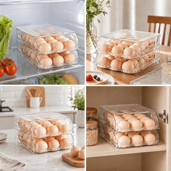 SMRCAD 36-Egg Dispenser with Silicone Bumpers, Auto-Rolling, Stackable | BPA-free food-grade PET | Stackable with lid | Built-in handle | 11.92"L x 8.85"W x 5.4"H | Hand wash only