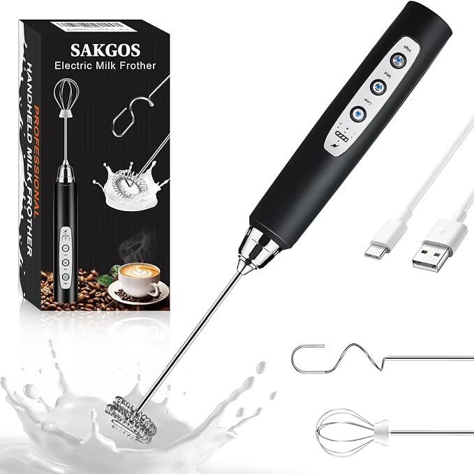 Milk Frother Wand Rechargeable Handheld Electric Whisk 3 Speed Adjustable | Coffee Frother Wand with 3 Stainless Whisks Electric Foam Maker Drink Mixer Blender for Latte Cappuccino Matcha Egg
