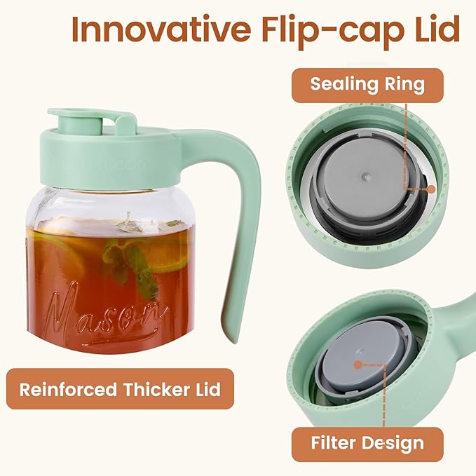 Mason Jar Pitcher with Tea Filter, 64 oz Glass Pitcher with Lid | Airtight, Leakproof, Pour Spout Lid, Ergonomic Handle, Fridge Safe, for Outside, Sun Tea, Lemonade, iced Tea