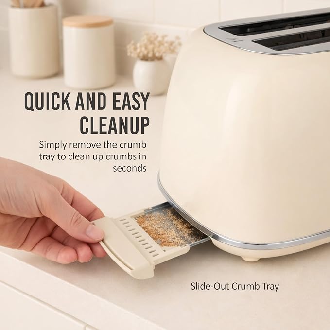 Nostalgia Classic Retro 2-Slice Toaster- Vintage Design- Enamel Coated Steel Body- Wide Slots for all Breads- Crumb Tray, Cord Storage- Defrost,Cancel and Bagel Function & 6 Toasting Levels- Cream