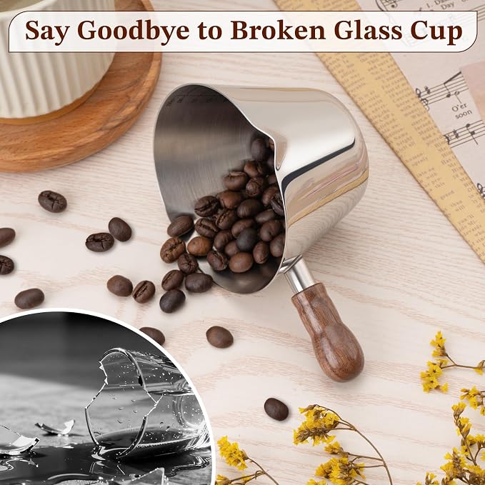 Amrules 6.8oz Espresso Measuring Cup with Wood Handle & Double Spout,Silver | 18/8 Stainless Steel & Wood Handle, V-Shaped Spout for Precision Pouring, Clear Scale Markings, for Coffee, Milk, Tea & Syrup
