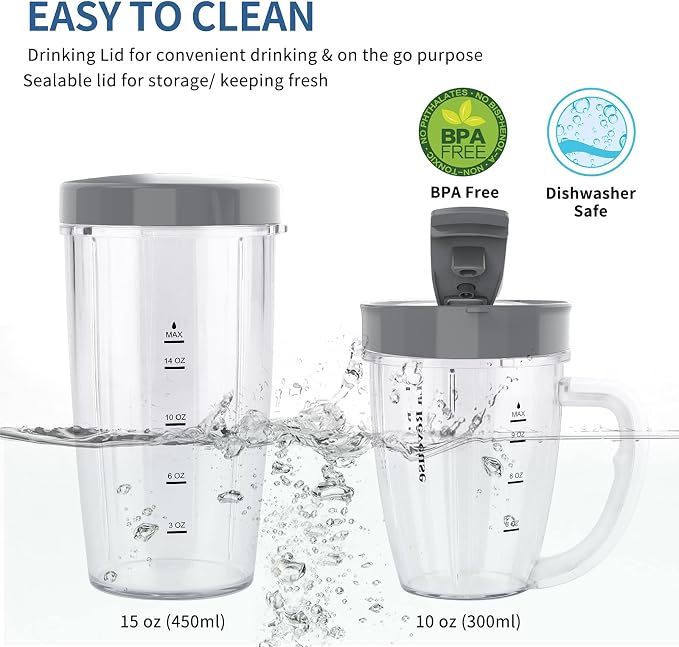 La Reveuse Personal Smoothie Blender, 7 Pieces Set, 250W, Pearl Blue | for Shakes Smoothies Dips Sauces, BPA-free, Push to Blend, (1) 15oz Cup, (1) 10oz Mug, Dishwasher Safe, Compact, LARB2501L
