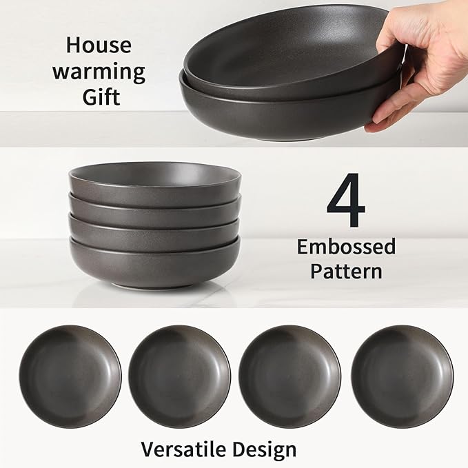 Stoneware Pasta Bowls, 34 oz Large Salad Bowl Set of 4, Ceramic Serving Bowls for Ramen, Pasta, Fruit, Cereal, Dinner, Wide and Shallow Bowls, Microwave & Dishwasher Safe, Matte Black