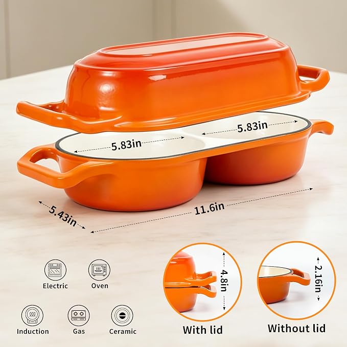 Double Dutch Oven Bread Baker, Enameled Cast Iron 2-in-1 Dual Chamber Sourdough Baker with Lid, Bake 2 Mini Loaves at Once, 500°F Oven Safe, Even Heat, Nonstick Interior for Artisan Bread