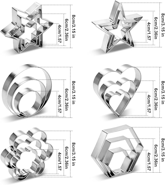 Cookie Cutters,18 Pcs Stainless Steel Cookie Cutters Variety Pack with Box | 3 Sizes 6 Shapes Biscuit Cutter with Heart,Star,Flower,Round,Hexagon,Large Small Mini Cake Molds for Baking,Fruit,Veggie