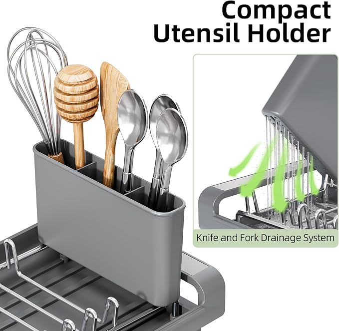 TOOLF Small Dish Drying Rack, Expandable and Space-Saving, Gray | Mini Dish racks for kitchen counter, Compact Design Fits Sink or Counter, Stainless Steel Plate Rack, 11"-19.3"L×7.7"W×3.54"H