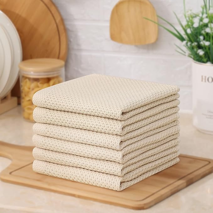 Kitinjoy 100% Cotton Waffle 6-Pack Kitchen Towels, 12" x 12", Beige | Ultra Absorbent, Super Soft, lightweight, Quick Drying Dish Rags for Washing Dishes