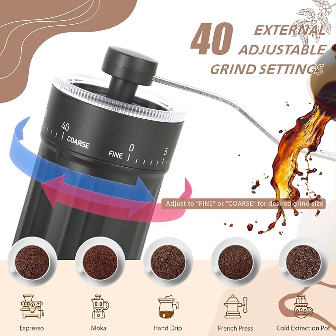 Manual Coffee Grinder, 40 External Grind Settings, Ceramic Conical Burr | Portable 30g hand-crank grinder with ceramic conical burr for espresso, pour over, French press, travel, camping & office
