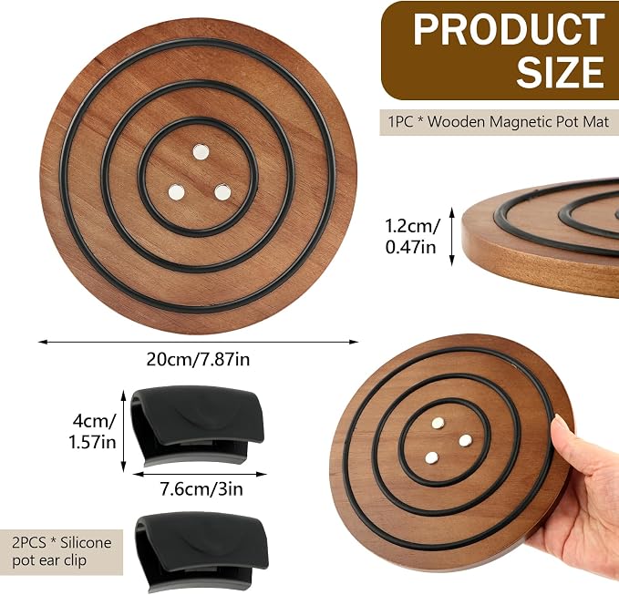 8 Inch Upgraded Strong Magnets Wooden Trivet, Wood Trivet with 3 Heat‑Resistant Silicone Rings, Magnetic Pot Holder for Cast Iron Pots, Pans & Hot Dishes, Includes 2 Silicone Pot Grips