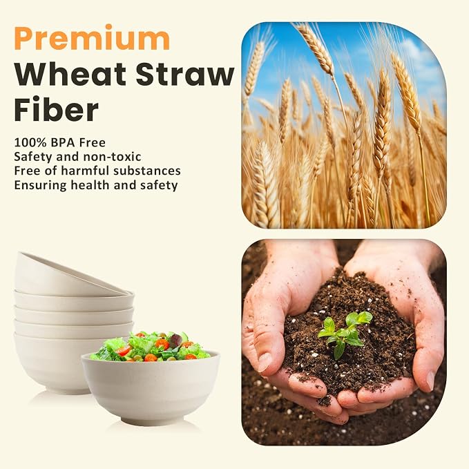 Unbreakable Large Salad Bowls Set of 6, 60oz Large Wheat Straw Bowls for Cereal, Salad & Pho, Ideal for RV & Camping, Microwave Safe Alternative to Plastic Bowls - Beige