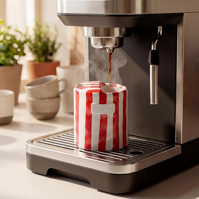 1 Pack Ceramic Mug with Sip Hole, Simple, Red | 10oz Ceramic Coffee Cup with Straws, Retro Hand Painted Striped, for Iced Coffee Tea Latte Espresso, Kitchen Dining Travel