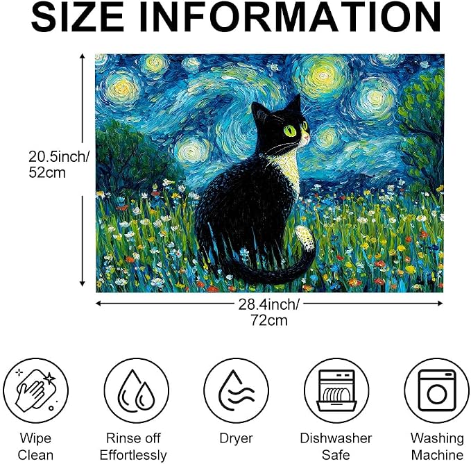 Black Cat Night Sky Stove Top Cover 28.35x20.47 in Non Slip | Heat Resistant Cooktop Protector Mat with Non-Slip Backing, Scratch Protection and Countertop Drying Mat.