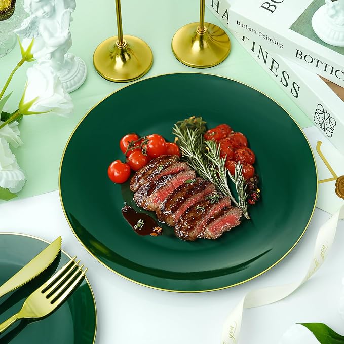 Bestluck 350PCS Green Plastic Dinnerware Set, Green Plastic Plates for 50 Guests, Include 100 Green Gold Plates with 150 Plastic Cutlery, 50 Napkins and 50 Cups
