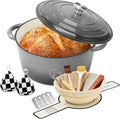 Enameled Cast Iron Dutch Oven pot 6.5 QT with Lid for Bread Baking | Cookware incl. Sourdough Bread-Baking Supplies like Banneton, Dough Whisk, Gloves, Oven Safe for Stews, Roasting Gray