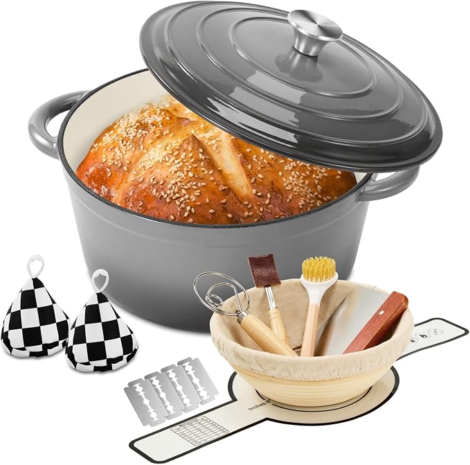 Enameled Cast Iron Dutch Oven pot 6.5 QT with Lid for Bread Baking | Cookware incl. Sourdough Bread-Baking Supplies like Banneton, Dough Whisk, Gloves, Oven Safe for Stews, Roasting Gray
