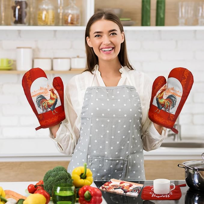Leinuosen 6 Christmas Red Rooster Farmhouse Kitchen Decor Dish Towels Oven Mitts and Pot Holders Sets Chicken Kitchen Towels Absorbent Decorative Accessories for Cooking Baking Grilling