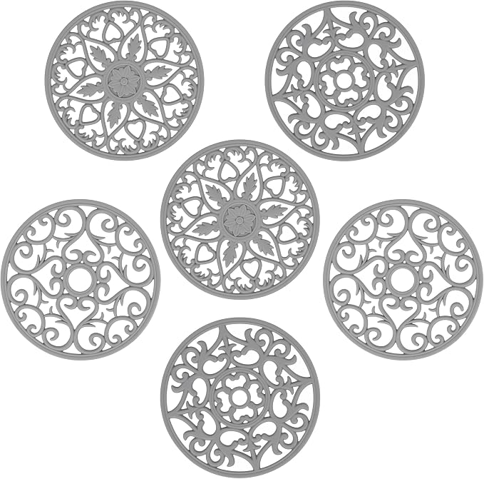 Silicone Trivets Mats for Hot Pots and Pans, Multi Purpose Trivets Mat -Heat Resistant Silicone Trivet Intricately Carved Hot Pads Set of 6 (C: Style 1-Light Grey)