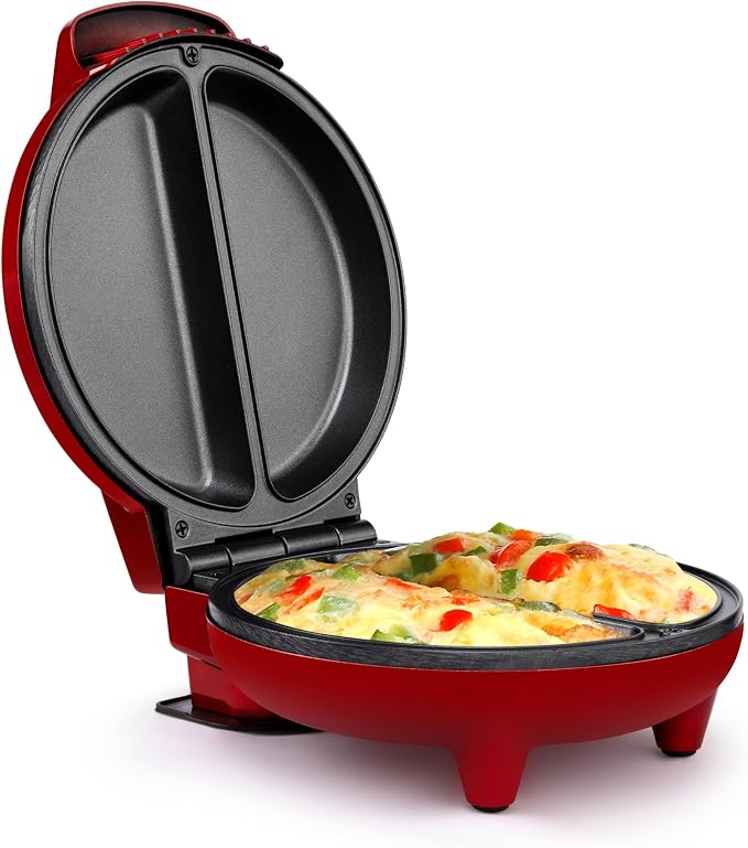 Holstein Housewares Stainless Steel 2 Section Omelet & Frittata Maker, Non Stick Coating, Easy To Clean, Indicator Lights, Compact Storage, Versatile Recipes in Minutes. 2 Portions, Metallic Red