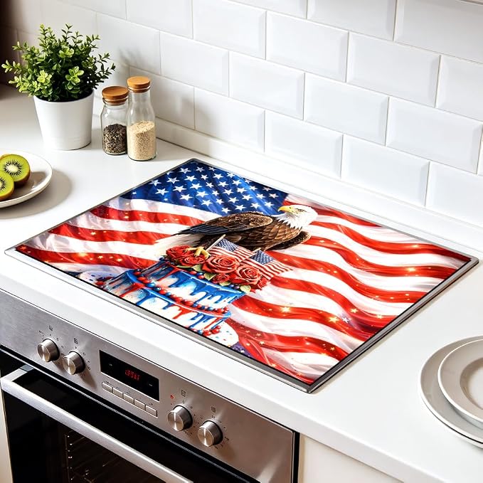 4th of July Bald Eagle American Flag Stove Top Cover 28.4x20.5in | Bald eagle american flag stove top cover 28.4x20.5 in; patriotic 4th of july cooktop mat dishwasher safe machine washable
