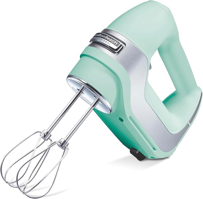 Hamilton Beach Professional 5-Speed Electric Hand Mixer with Snap-On Storage Case, QuickBurst, Stainless Steel Twisted Wire Beaters and Whisk, Mint (62658) | High-Performance DC Motor | Slow Start | Snap-On Storage Case | Stainless Steel Beaters & Whis...