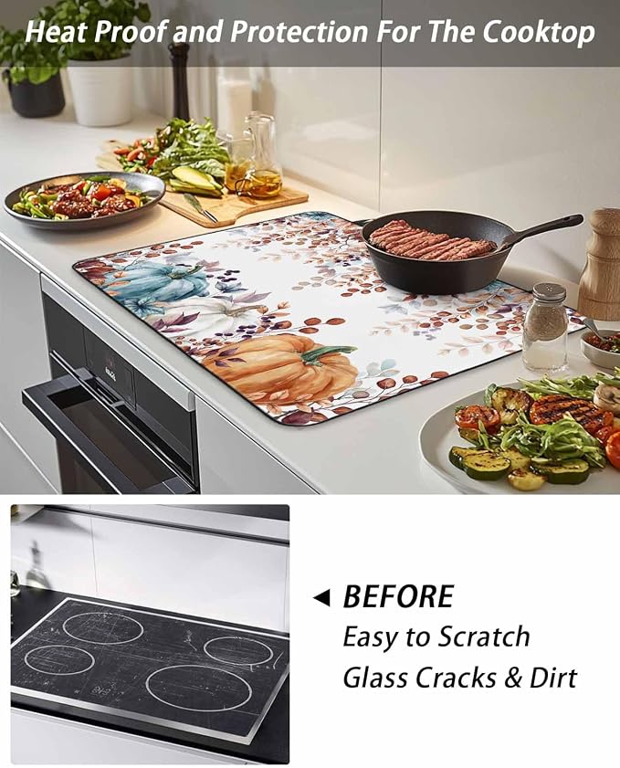 Stove Top Covers for Electric Stove 36x21 Inches, Fall Eucalyptus HeatResistant Glass Cooktop Protector, Orange Blue Pumpkins Thanksgiving Leaves Ceramic Stovetop Countertop Covers Mat, Oven Cover