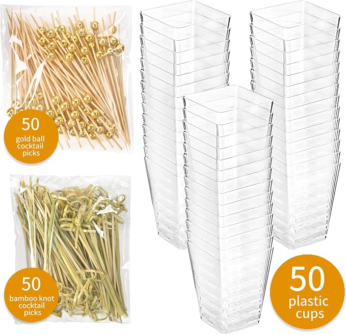 50 Sets 5 oz Plastic Charcuterie Cups with 100 Sticks, Square Appetizer Cups with Cocktail Picks Mini Party Serving Cups for Fruit, Snack, Dessert