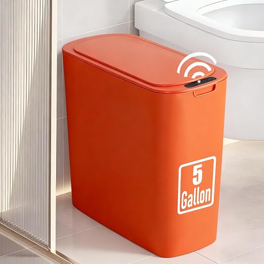 TIPGO 5 Gallon Automatic Bathroom Trash Can with Lid, Orange, Touchless | Motion Sensor, Slim Smart Garbage Bin, Plastic Wastebasket, Battery Operated, Manual Button, for Bedroom, Office,RV