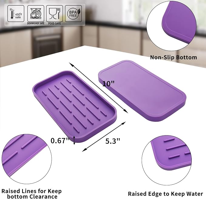 MicoYang Silicone Kitchen Sink Organizer Tray for Multiple Usage,Eco-Friendly Sponges Holder for Kitchen Bathroom Counter or Sink,Dish Soap Dispenser,Scrubber,Bottle,Cup (Purple, 10"×5.3")