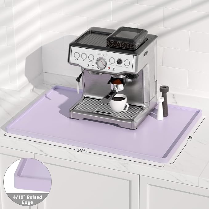 Rnivvi Silicone Coffee Mat, 16" x 24" Waterproof Raised Edge Coffee Bar Mats for Espresso Machine Station Accessories, Heat Resistant Dish Drying Pad for Kitchen Counter, Rubber Bar Decor Pad, Purple