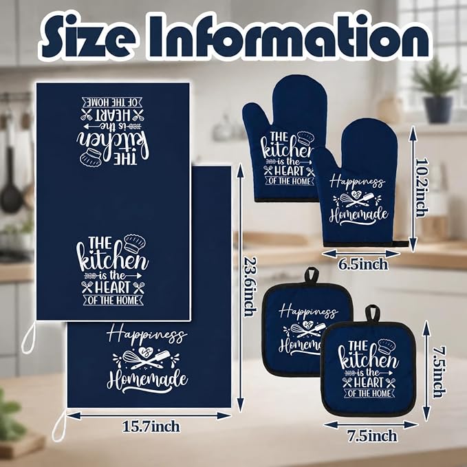 Sratte 6 Pcs Kitchen Decor Accessories Set, Kitchen, Blue | Farmhouse Kitchen Towels Pot Holders Oven Mitts Set 2 Dish Towels 2 Potholders 2 Cooking Mittens for Baking Cooking Supply