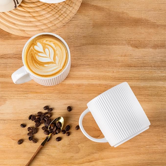 theterra Ceramic Coffee Mugs Set of 4, 14.2 oz Coffee Cups with Handle | Handmade, Suitable for Latte, Tea, Milk, Beer & Hot Cocoa, Bright White